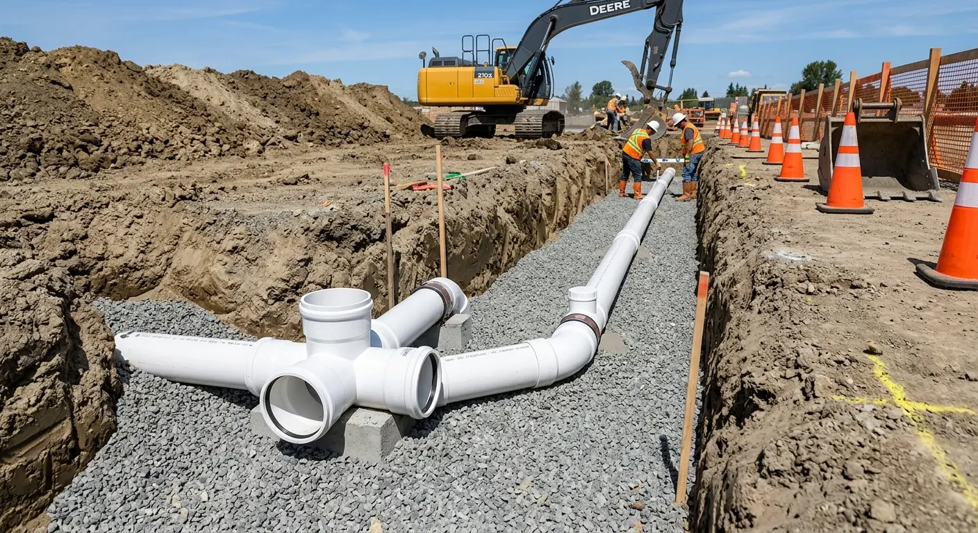 New PVC sewer pipe installation in open trench for Commercial Drain Cleaning in Scottsboro
