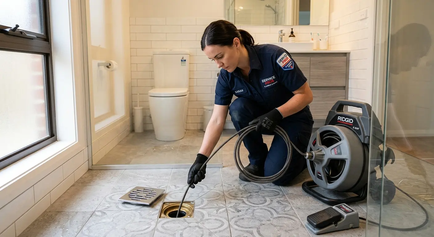 Technician clearing a bathroom floor drain for Drain Cleaning in Scottsboro